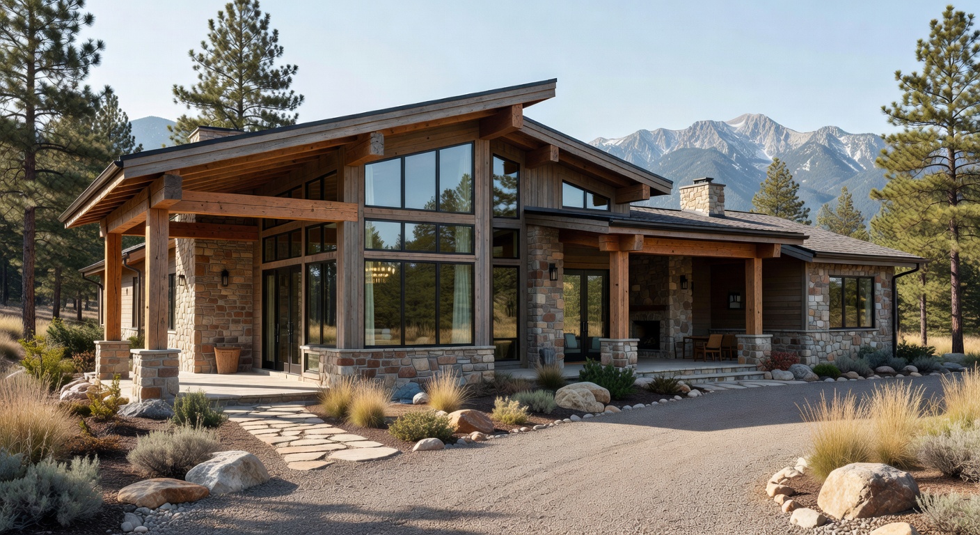 Craftsman Mountain Modern design with natural stone accents and heavy timber framing in Idaho