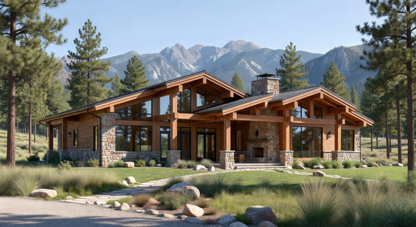 Contemporary Mountain Modern home showcasing signature timber framing and clean geometric forms in Idaho