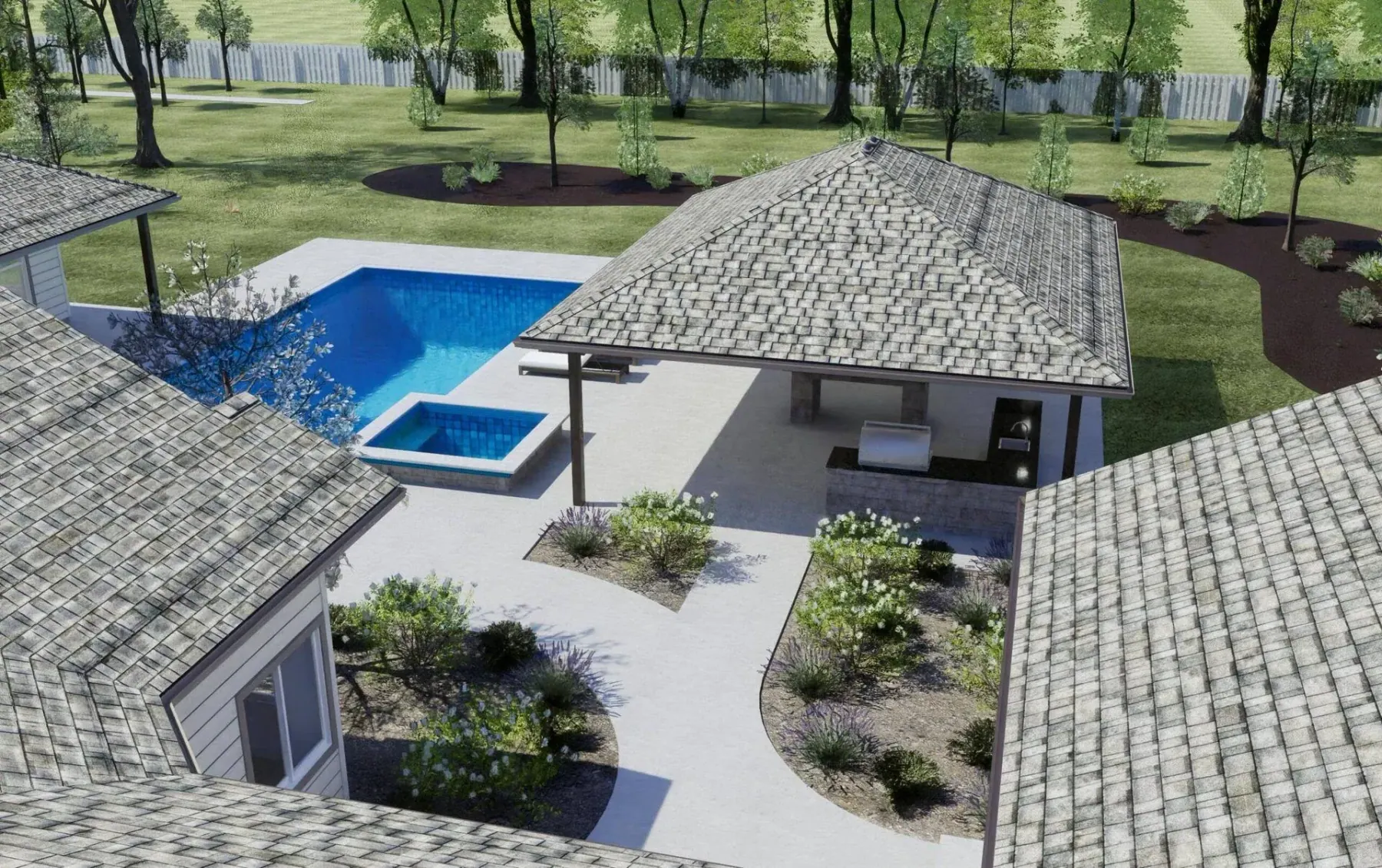 Covered patio rendering with timeless exterior finishes