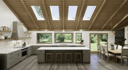 Modern mountain house illuminated at twilight with starry sky and glowing pathway.