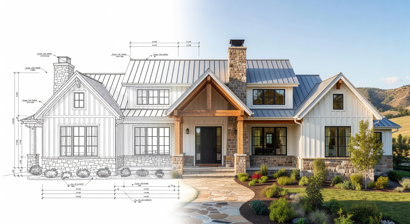 Architectural line drawing fading into photorealistic custom home exterior - Abstract RD+B design build process Treasure Valley Idaho