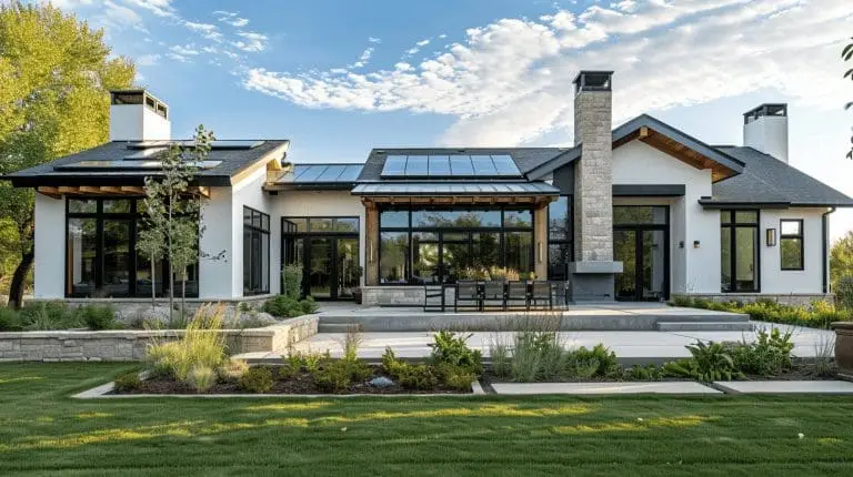 Modern white farmhouse featuring glass breezeway, dark-framed windows, and sustainable design elements.