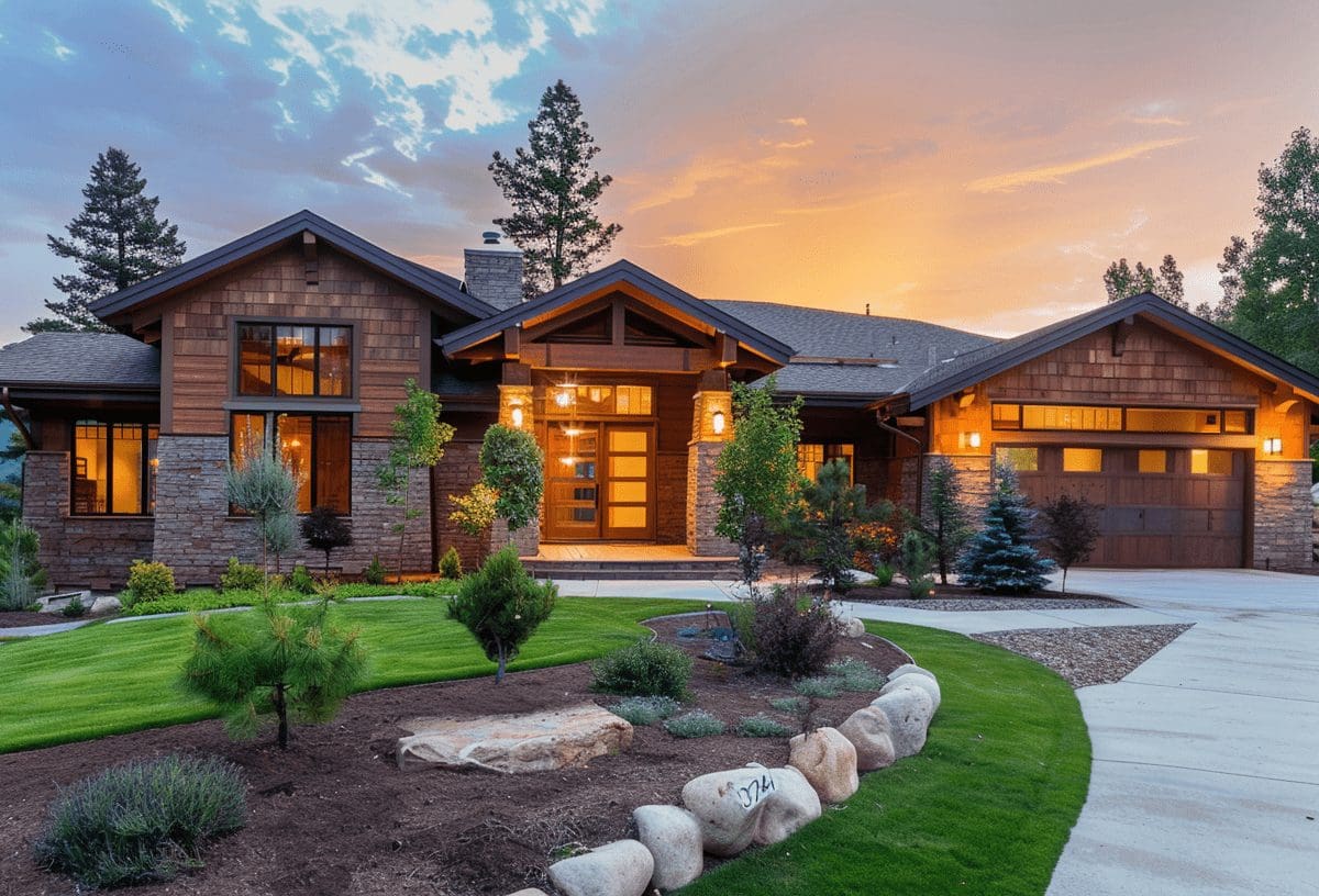 Contemporary mountain home with stone and wood exterior glowing warmly at sunset.