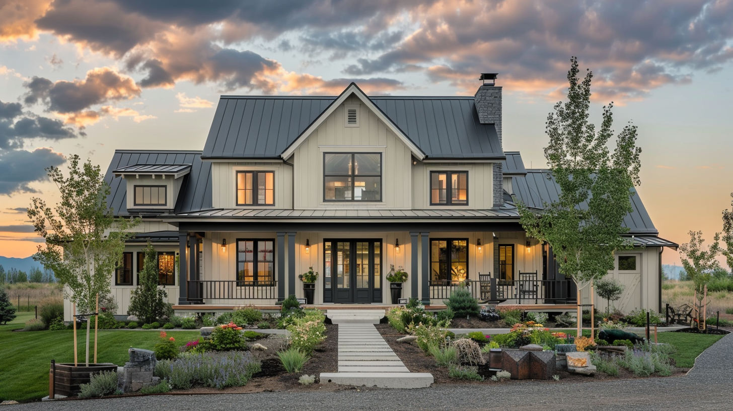 Elegant modern farmhouse illuminated by sunset with white siding and black architectural details.