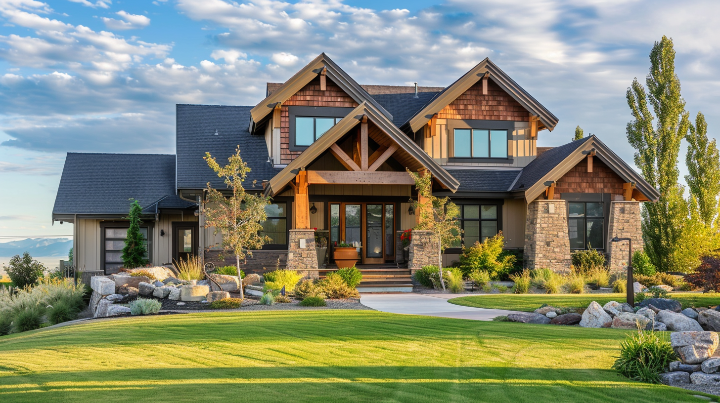 Luxury mountain estate with stone facade, timber beams, and large reflective windows.