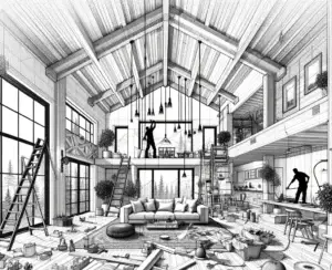 Architectural sketch of open A-frame loft interior with artist workspace and hanging lights.