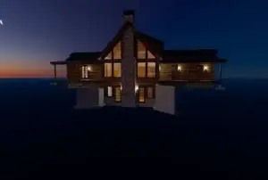 Illuminated A-frame mountain house glows warmly against twilight sky through glass windows.