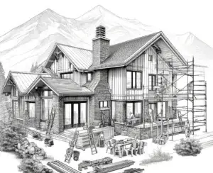 Black and white architectural sketch showing mountain home construction with wood siding and stone details.