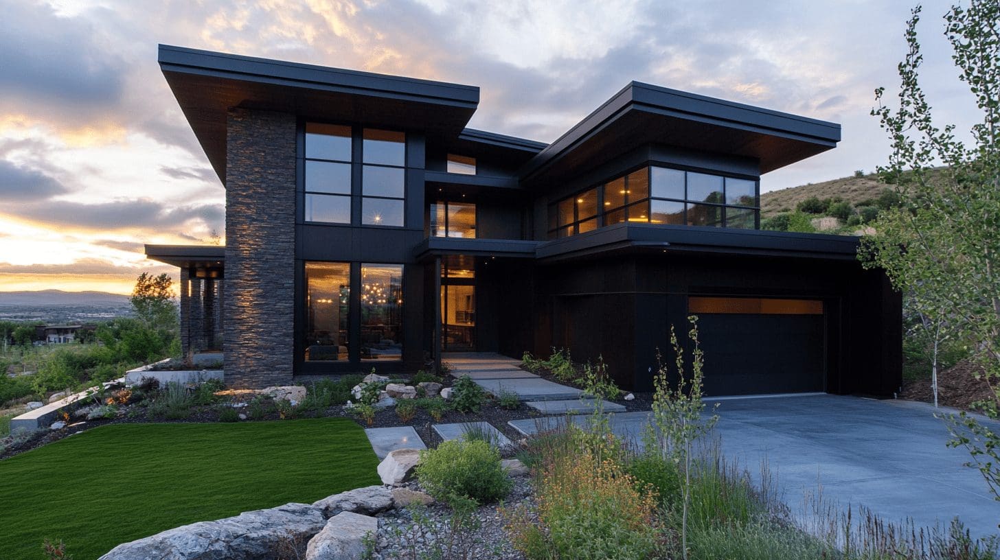 Modern mountain home with dark exterior and floor-to-ceiling windows nestled into hillside.