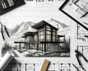 Modern mountain house rendering with architectural plans and drafting tools on designers desk.