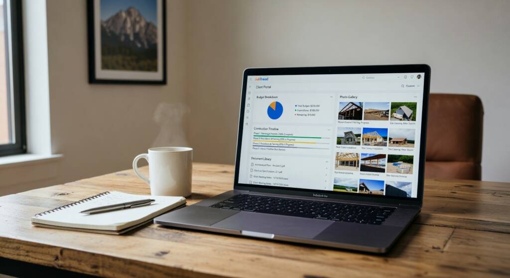 JobTread client portal interface showing real-time budget transparency, project photos, and document access for custom home clients