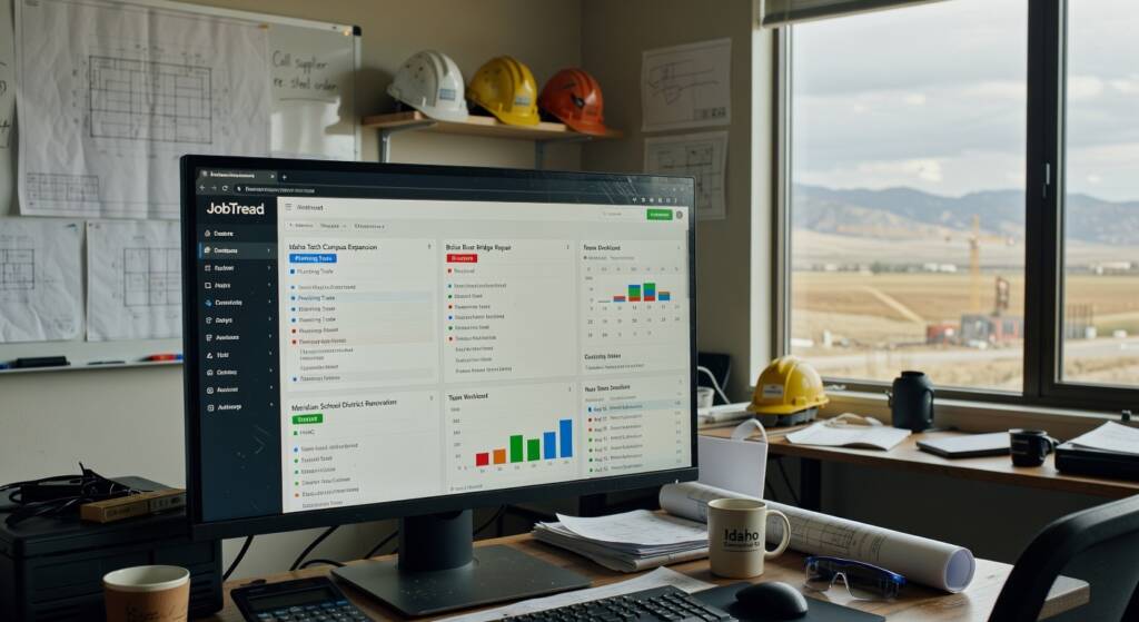 JobTread daily logs feature showing photo documentation, crew activities, and weather conditions for custom home construction project