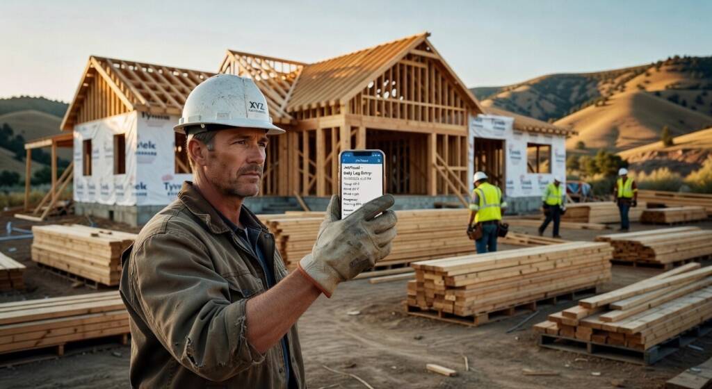 Construction professional using JobTread mobile app on job site to log daily progress and coordinate with subcontractors