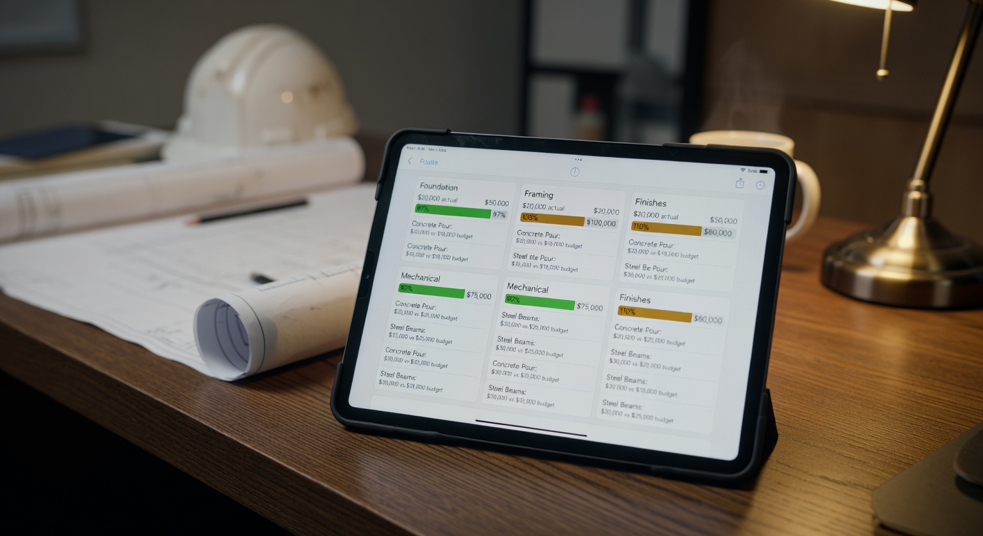 Budget tracking dashboard on iPad showing detailed cost breakdown