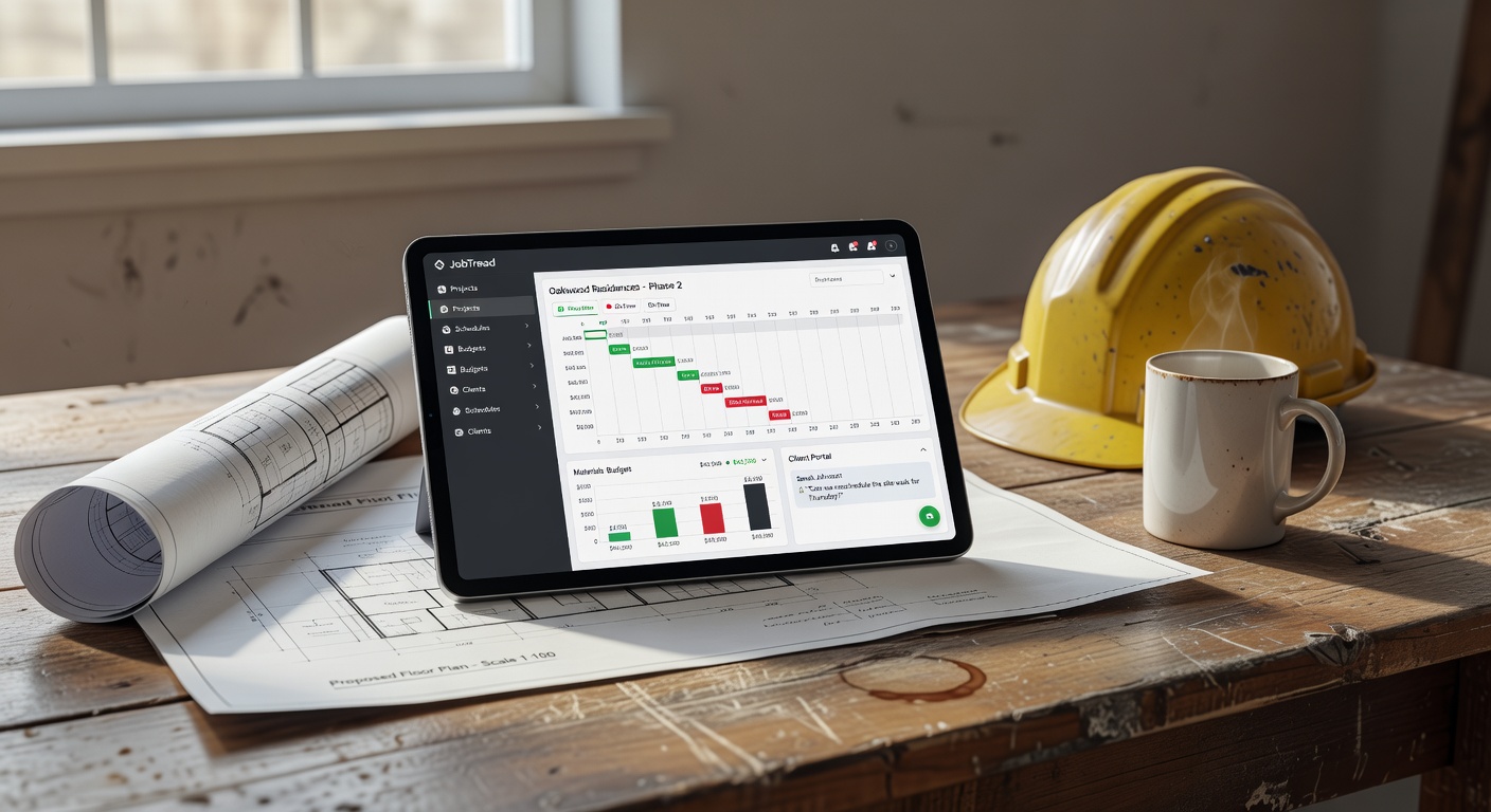 Construction project management dashboard on tablet at job site