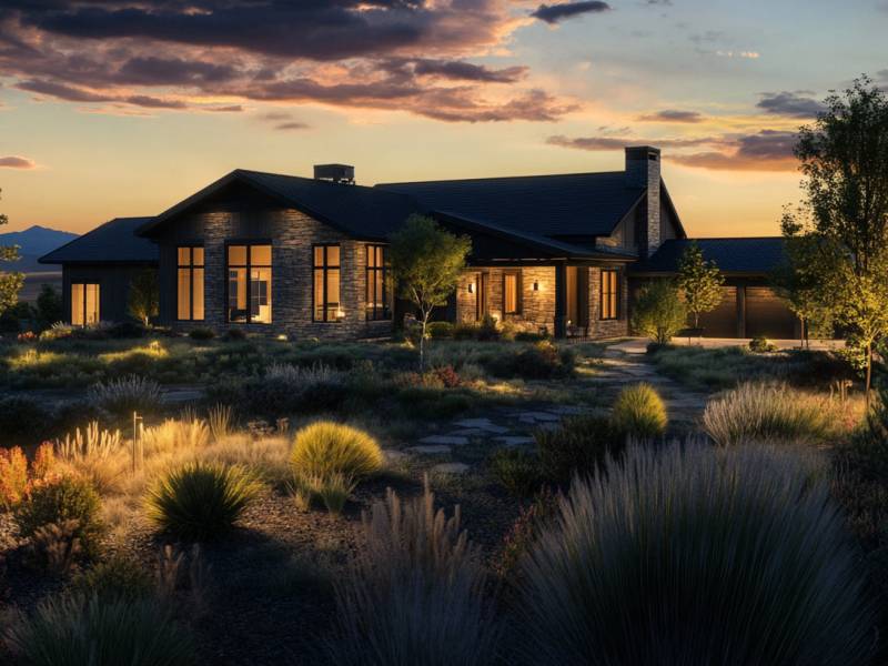 abstractrd_modern_farmhouse_dark_exterior_at_dusk_lots_of_lands_725ef8c6-e977-4bd5-a9d7-2f3cd4f61840