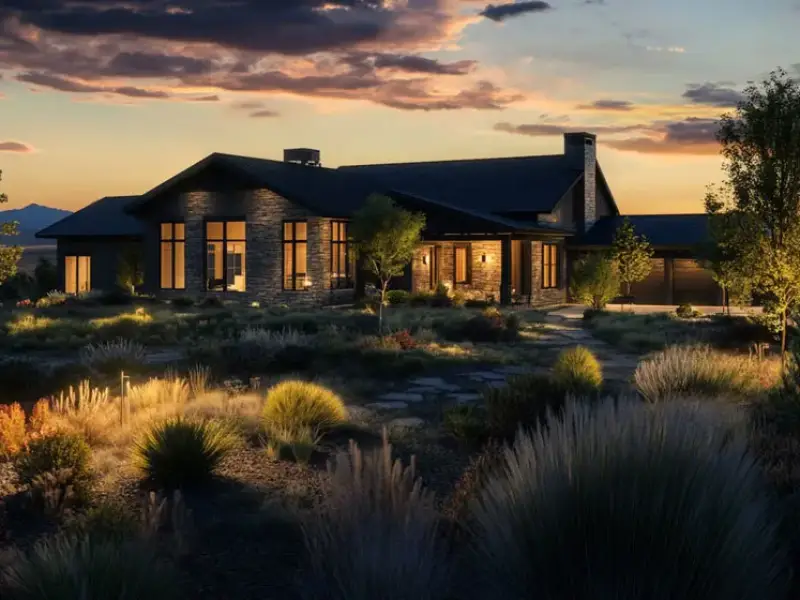 abstractrd_modern_farmhouse_dark_exterior_at_dusk_lots_of_lands_725ef8c6-e977-4bd5-a9d7-2f3cd4f61840