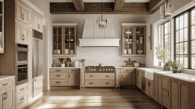 Farmhouse kitchen with beige cabinets, wooden beams, and professional appliances in a bright space.